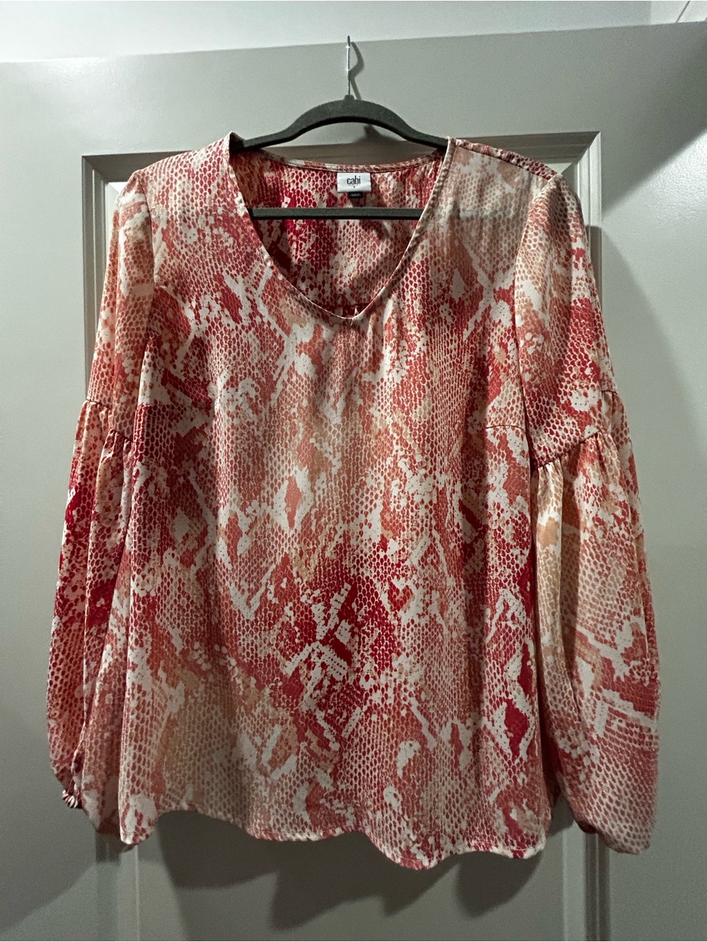 CAbi Red and Cream Snake-Print V-Neck Blouse